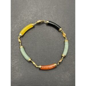 Vintage 7.25" Gold Sterling Silver Multi Color Jade Bracelet H25